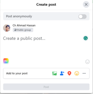 Look for option "Post Anonymously" in post creating section to post anonymously on Facebook Group.