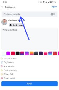 Look for the option of "Post Anonymously" in post creating section to post anonymously on Facebook group on mobile.