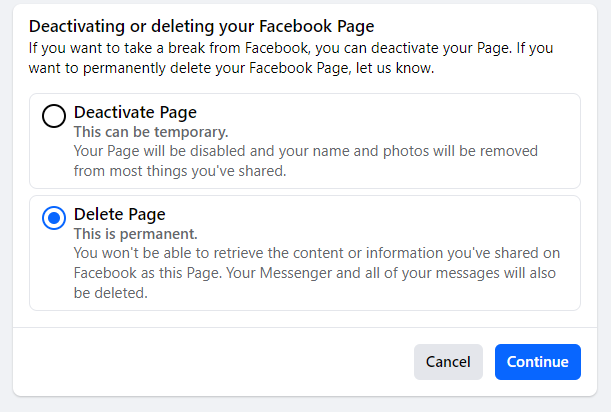 Select the "Delete Page" and then click on the "Continue" button.