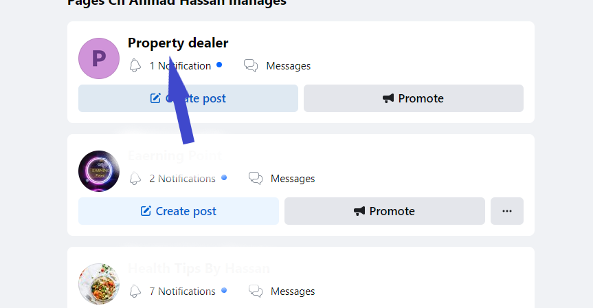 Find and click on the specific business page that you want to delete.