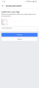 To delete a Facebook Business Page, Enter your "Password" and click on "Continue."