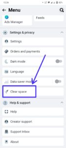 After clicking on three horizontal lines in Facebook, Scroll down and select "Clear space" option.