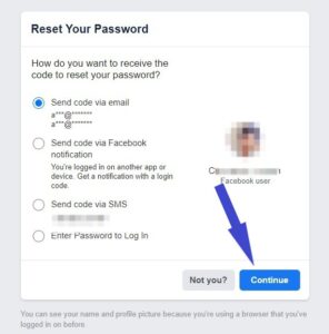 Select the way to reset the password and click on "Continue."