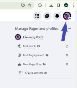 Switch your profile into the page profile and click on the dropdown arrow at the top right corner of the screen.