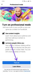 Click on the "Turn on" option to enable professional mode.