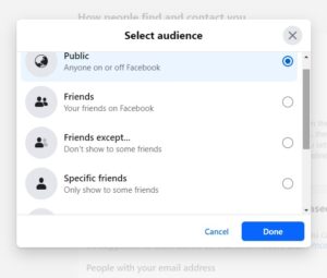 Click the dropdown menu next to "Who can see your friends list?" to see various settings option. Then click on "Done" to confirm after selecting your preferred option.