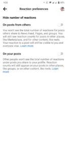 toggle the switch under "On your posts" to hide like counts for your posts and under "On other people's posts" to hide them for all posts in your feed.