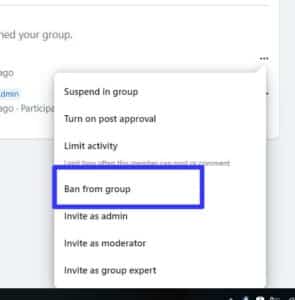 From the menu, select Remove Member or Ban from group. Do this process for every member until only you are left in the group. 