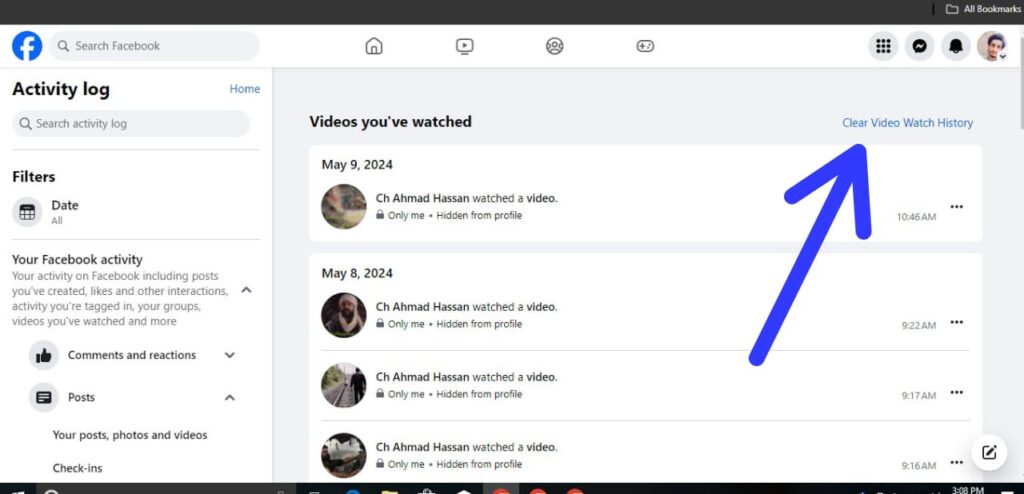 You'll now see a list of all the videos you've watched on Facebook. To clear your entire watch history, click on "Clear Video Watch History" in the top right corner.