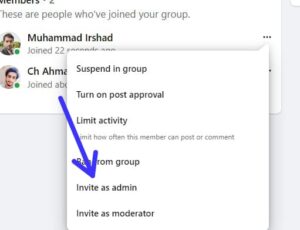 Click on three dots in front of the name of a member and then click on "Invite as Admin" from the options.