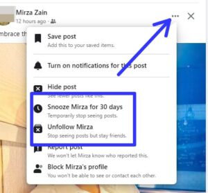 Click the three dots icon in the top right corner of the post.

You'll see two options:
Snooze [Name] for 30 days: This will temporarily mute the person's posts for 30 days.
Unfollow [Name]: This will permanently mute the person's posts from your News Feed.