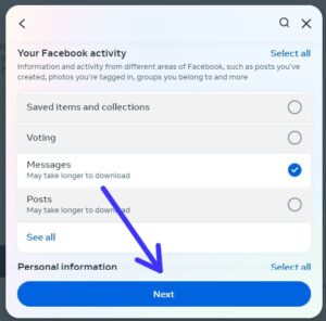 Select "Messages" and any other data you want to download and click on "Next."