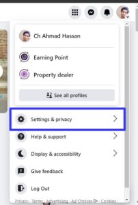 Click the three dropdown menu in the top right corner of your Facebook homepage.
Select "Settings & Privacy".
