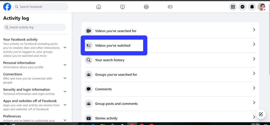 On the left side, you will see a list of options to choose from. Select "Videos you've watched."